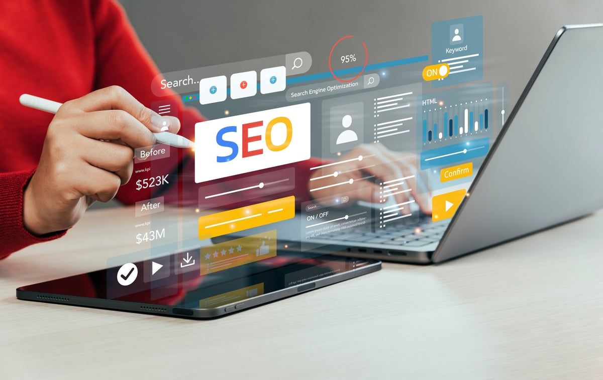 Business owner reviewing website traffic and search rankings