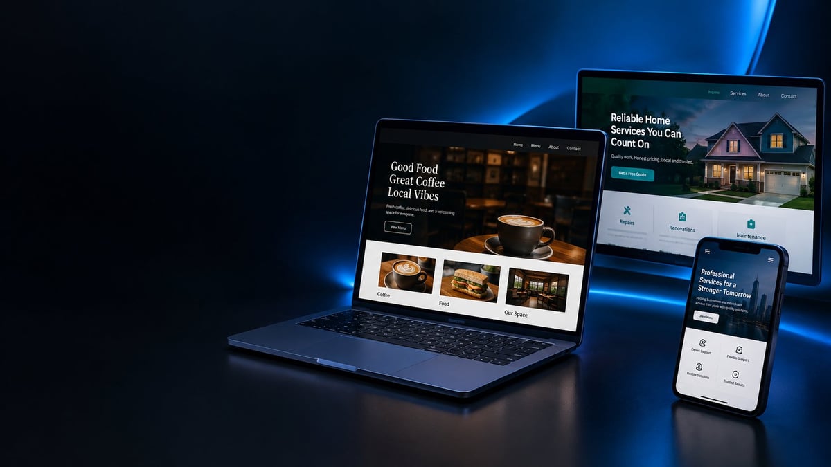 Laptop, tablet, and smartphone displaying responsive web design for a real estate website with blue lighting background